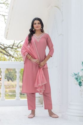 Kurta Set in Peach Chanderi Silk with Embroidered Neckline