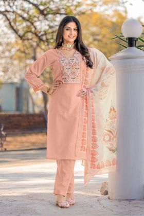 Peach Stylish Embroidered Cotton Kurta Dupatta Pant Set