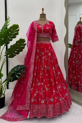 Pink Color Foux Gorgette Thread Sequnce Work Fancy Lehenga Choli
