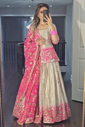 Pink Color Multi Needle Work Pure Chinon Lehenga Choli