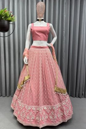 Pink Embroidery Work Soft Net Lehenga Choli