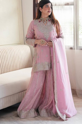 Embroidered Pink Heavy Chinon Silk Sharara Dupatta Set