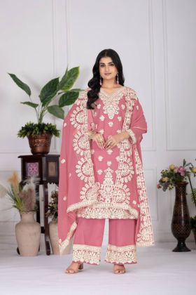 Heavy Faux Pink Georgette Suit Set with Kurta Pants and Dupatta