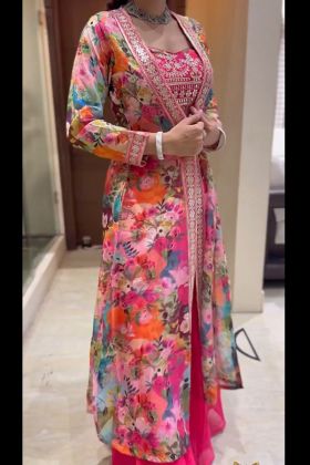 Pink Palazzo Salwar Suit With Printed Shrug