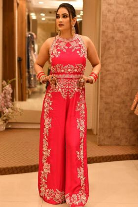 Pink Red Malai Satin Embroidery Work Ready To Wear Jumpsuit