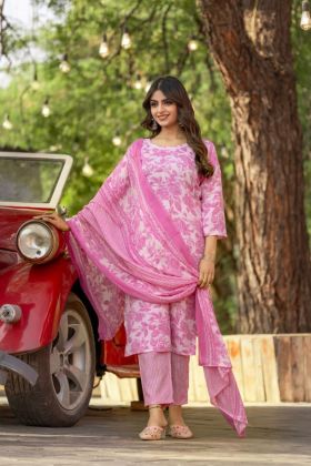 Pink Cotton Straight Kurta Set with Embroidered Neckline
