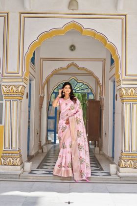 Pink Kota Crystal Saree with Jacquard Border and Embroidered Thread Work