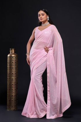 Sequin Work in Pink Rainbow Georgette Saree with Border of Piping