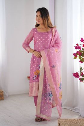 Chic Chanderi Silk Kurti Dupatta Pant Set in Pink