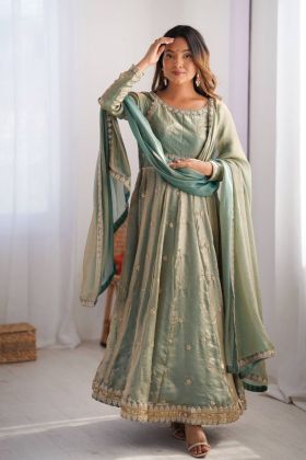 Pista Green Fandy Silk Anarkali Gown Set with Dupatta & Pant