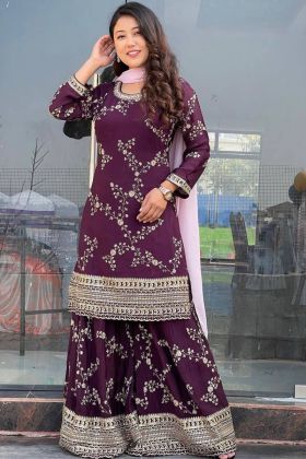 Plum Purple Embroidery Work Sharara Suit For Rakhi