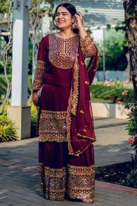 Plum Purple Faux Georgette Sequence Work Palazzo Suit