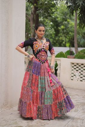 Cotton Lehenga with Print and Kutchi Gamthi Embroidered Top