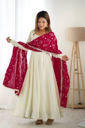 Anarkali suit in pure Vichitra silk with pants and dupatta