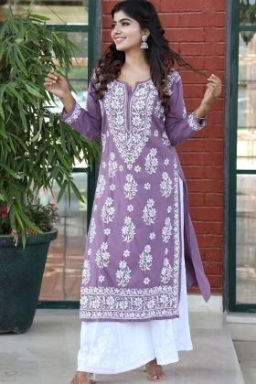 Purple Chain Stitch Work Readymade Salwar Kameez