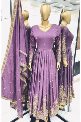Purple Color Chinnon Silk New Design Wedding Wear Gown