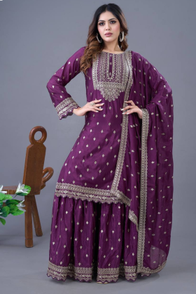 Purple Heavy Chinon Silk Sharara Dupatta Set
