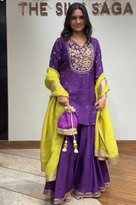 Purple Heavy Pure Chinnon Silk Sharara Dupatta Set