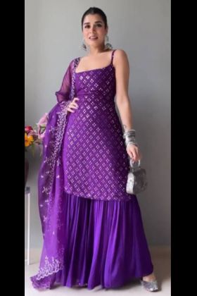 Purple Plain Sharara With Embroidery Work Tunic Top