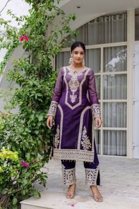 Kurta Pant Dupatta Set with Purple Star Georgette Padding