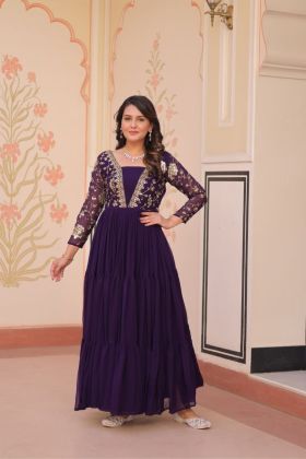 Elegant Purple Faux Blooming Gown Embroidered with Zari and Sequins