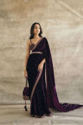 Elegant Purple Velvet Saree Set with Thread Work, Dori, and Sequins
