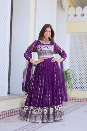 Fox Embroidered in Purple Lehenga Choli Dupatta Set in Georgette 