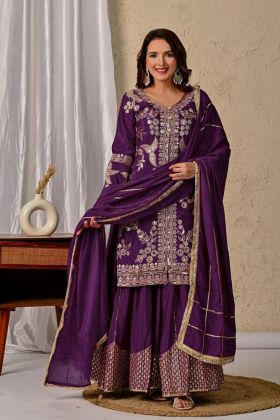 Sequined Embroidered Purple Heavy Chinnon Silk Sharara Set