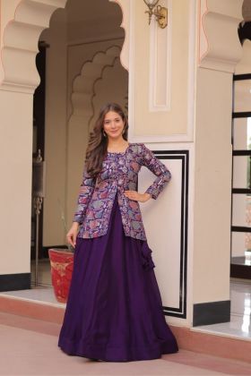 Flair Pure Shimmer Vichitra Lehenga Set with Purple Peplum Top