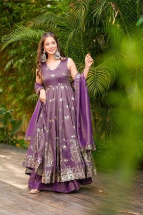 Palazzo and Dupatta Set for a Purple Roman Simmer Silk Anarkali Gown