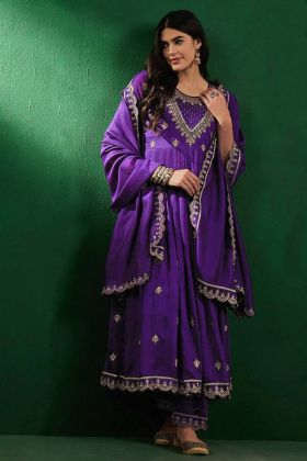 Anarkali Suit Set in Purple Vichitra Silk with Dupatta and Pants