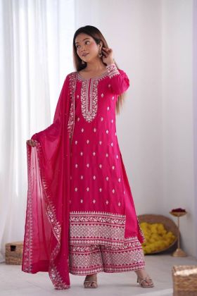 Rani Silk Kurta Plazo Dupatta Set in Pink Chinnon