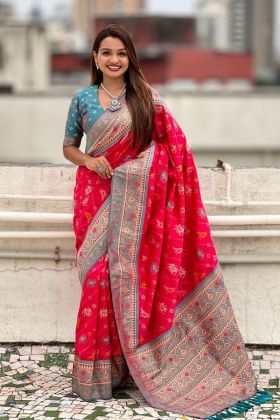Zari Woven Zari Pink Pure Patola Premium Silk Saree.