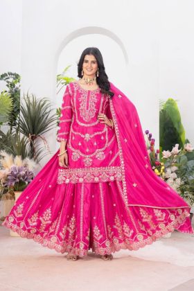 Sharara Kurta Dupatta Set in Pink Pure Heavy Chinnon Silk