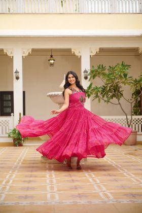 Gamathi Work and a Real Mirror in a Rani Bandhani Georgette Gown