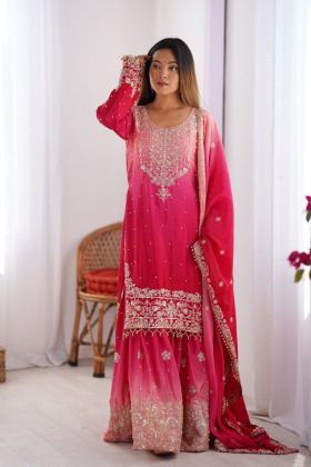 Silk Sharara Kurta Set with Rivet Moti by Rani Chinon