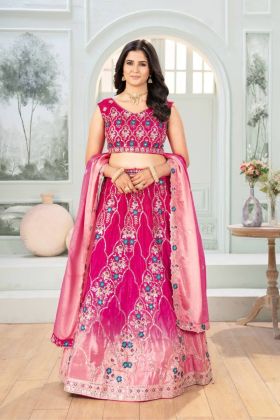 Embroidered Lehenga Set in Rani Pink Chinon with Complementary Dupatta