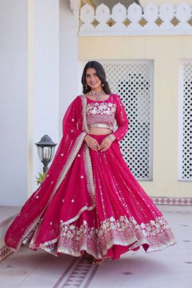 Pink Embroidered Fox in Rani Lehenga Choli Dupatta Set in Georgette 