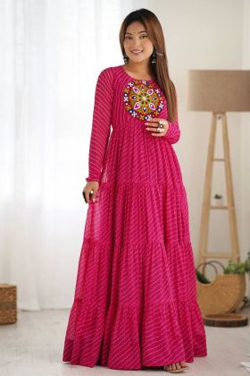 Soft Fox Georgette Anarkali Gown with Leheriya Print in Rani Pink for Navratri