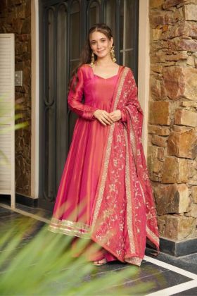 Anarkali Gown in Rani Pink Roman Simmer Silk with Dupatta and Plazo Set