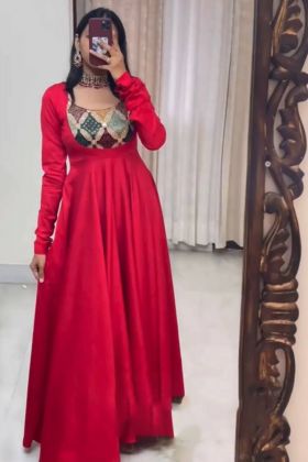 Red Digital Printed Satin Silk Readymade Anarkali Gown