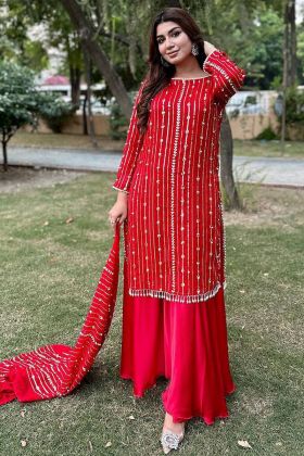Red Faux Georgette Embroidery Work Palazzo Dress