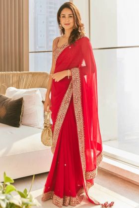 Red Hand Crafted Butti Work Georgette Saree