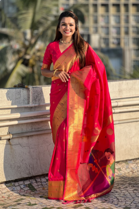 Red Paithani Soft Silk sarees with floral motifs