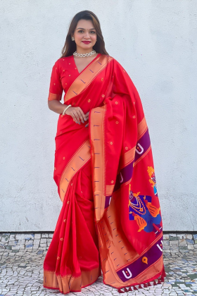 Red Soft Silk sarees with floral motifs weaves