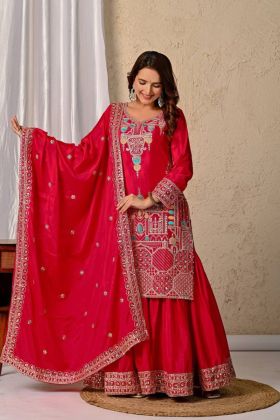Sharara Palazzo Set in Red Chinnon Silk with 5mm Sequence Embroidery