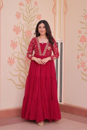 Elegant Faux Blooming Gown in Red with Zari and Sequin Embroidery