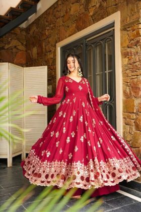 Red Faux Georgette Dress with Embroidered Dupatta and Pant Set