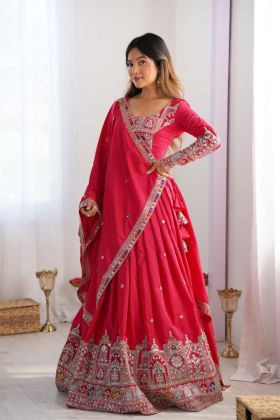 Sequenced Red Natural Crepe Silk Lehenga Choli Set