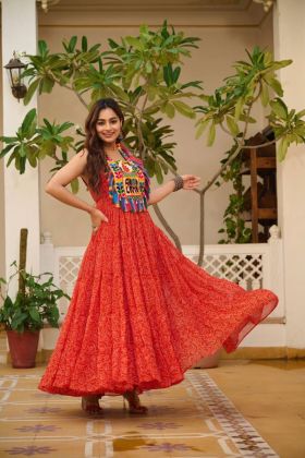 Faux Georgette Special Bandhani Print Gown for Red Navratri 